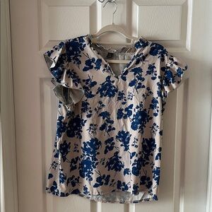 Floral Ruffle Sleeve Top - Blue and Cream